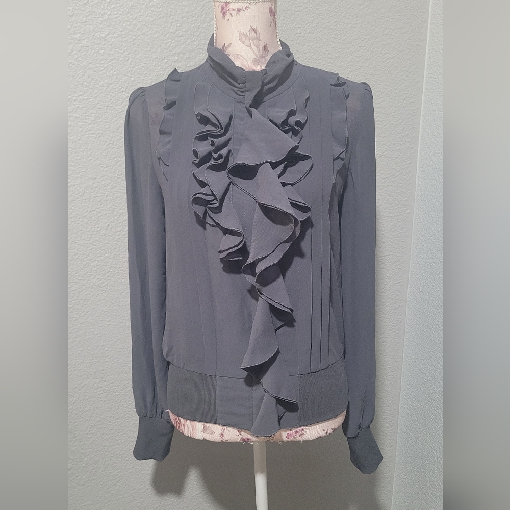 Express Charcoal Ruffle Blouse - Picture 2 of 6